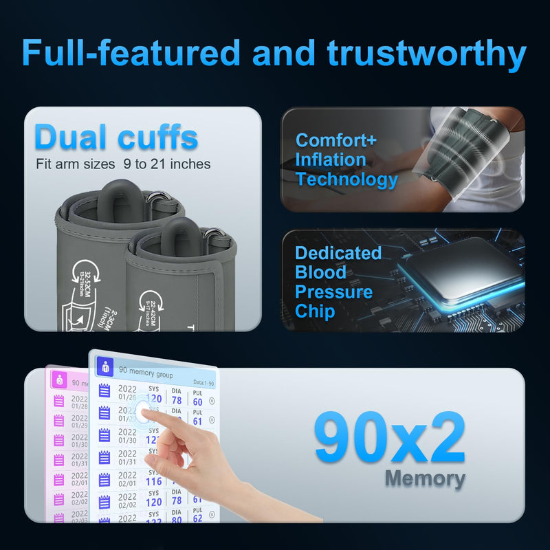 Accurate Digital BP Machine - Automatic Blood Pressure Monitor with XL Cuff (13-21") & M/L Cuff (9-17") for Big/Medium Arms, Large Backlit LCD Display, 360¬∞ Adjustable & Portable for Adults Blue