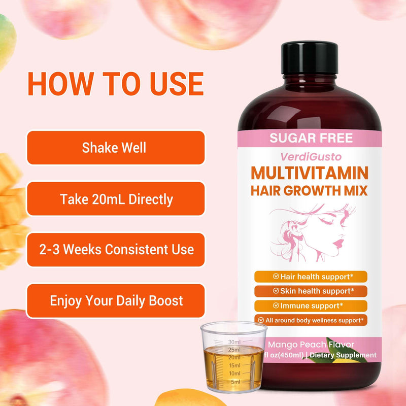 Liquid Multivitamin with 15+ Essential Nutrients | Hair Growth | Sugar-Free Multivitamin for Women & Men | Supports Hair, Skin & Nails Health | Mango Peach Flavor, 22 Servings