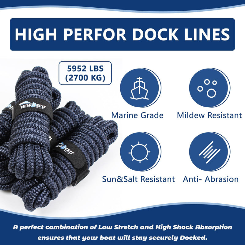 MALZE-NEWSEED 4 Pack 1/2" x 15' Dock Lines Double Braided Nylon Boat Rope with 12" Eyelets, Marine Grade Premium Mooring Lines for Docking Boat & Pontoon, Navy Blue 15'--1/2"
