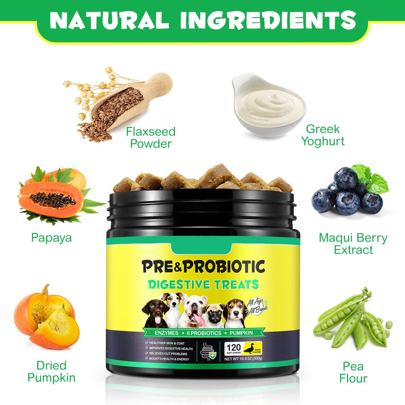 Probiotics for Dogs, 120 Chews Dog Probiotics Treats, Digestive Treats Dogs and Digestive Enzymes, Dog Digestive Health Gut, Immune Bowel Support, Reduce Diarrhea, Gas, Itchy Relief