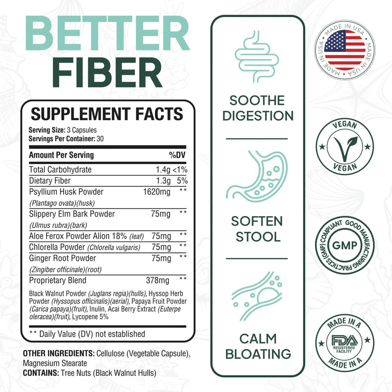Better Fiber - Daily Fiber Supplement - Soften Stool for Effortless Bowel Movements - with Psyllium Hulk and Slippery Elm - 90 Capsules 90 Count (Pack of 1) - BeesActive Australia