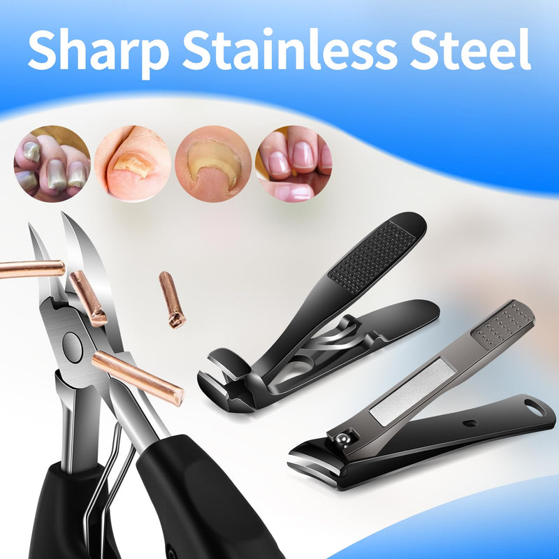 TwinWolf Toenail Clippers for Seniors Thick Ingrown Toenails,Heavy Duty Slanted Curved Blade Cutters for Fingernails, Large Ultra Sharp Nail Clippers Set with Wide Jaw for Men Women,5 Pcs,Black 5PCS
