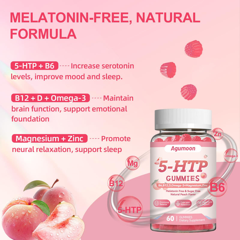 5HTP Gummies with Vitamin D3,B6,B12,Zinc,Omega-3,Magnesium Glycinate | Serotonin supplement for Adults & Kids,Relaxation Gummies for Sleep Support,Brain & Muscle Health,Peach Flavor