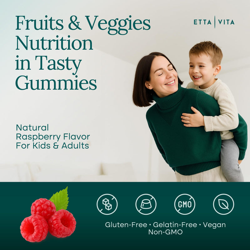 Sugar-Free Fruits and Veggies Gummies with Vitamins & Minerals (120 Chews) | Nutrient rich super greens gummies as digestive & probiotic blend for antioxidant & energy support, vegan, gluten-free, USA