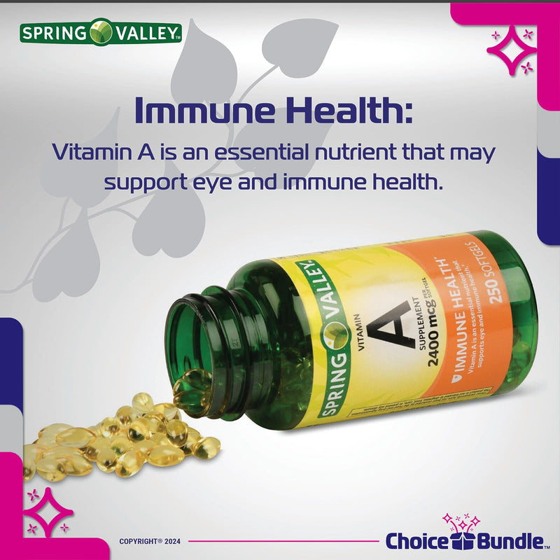 Spring Valley Vitamin A Softgels, 2400 mcg 2Pk Choice Bundle (500 Total) + Vitamin Vitality Guide and Pill Container (4 Items)! 250 Count (Pack of 2) - BeesActive Australia