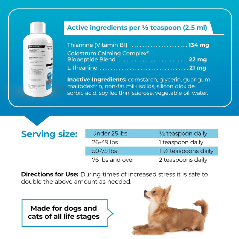 VetriScience Composure Max Liquid Formula - Clinically Proven Dog Calming and Cat Calming Supplement with Colostrum, L-Theanine & Vitamin B1 for Stress, Storms, Separation & More - 8 oz Unflavored 8oz (Pack of 1) - PawsPlanet Australia