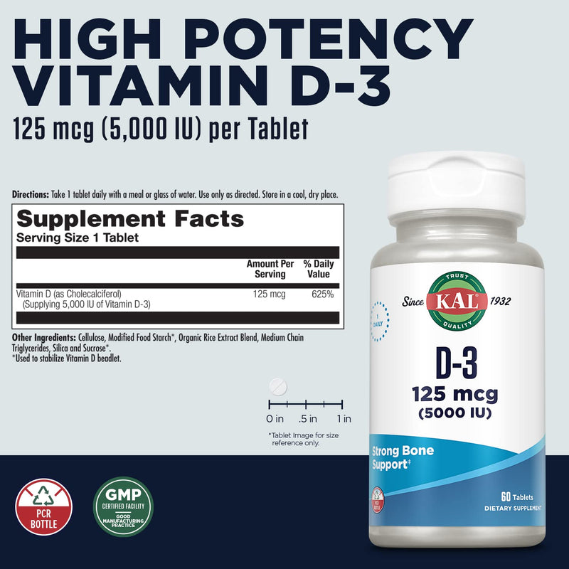 KAL Vitamin D3 5000 IU 125 mcg, High Potency Vitamin D Tablets, Calcium Absorption, Bone Health and Immune Support Supplement, Rapid Disintegration D-3 ActivTabs, 60-Day Guarantee, 60 Serv, 60 Tablets 60 Count (Pack of 1)