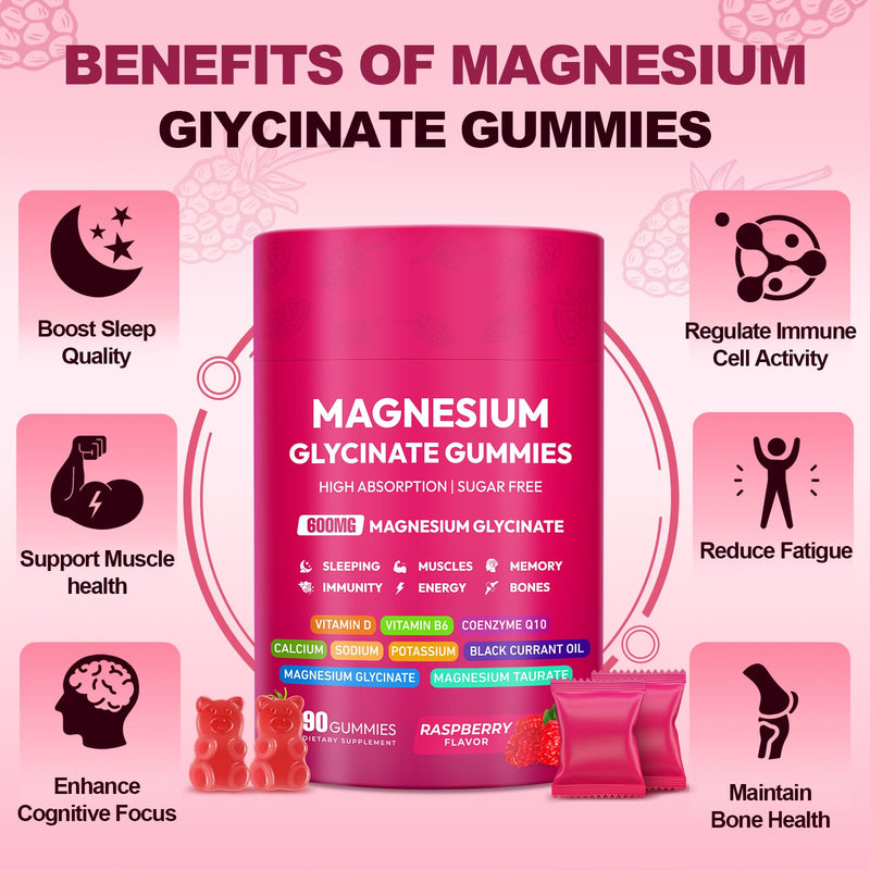 Magnesium Glycinate Gummies 600mg, High Absorption Magnesium Complex, Sugar Free Chewables Gummies with VitaminD & B6, CQ10 for Adults & Kids, Relaxation, Muscle & Zzz Support 90 Count (Pack of 1)