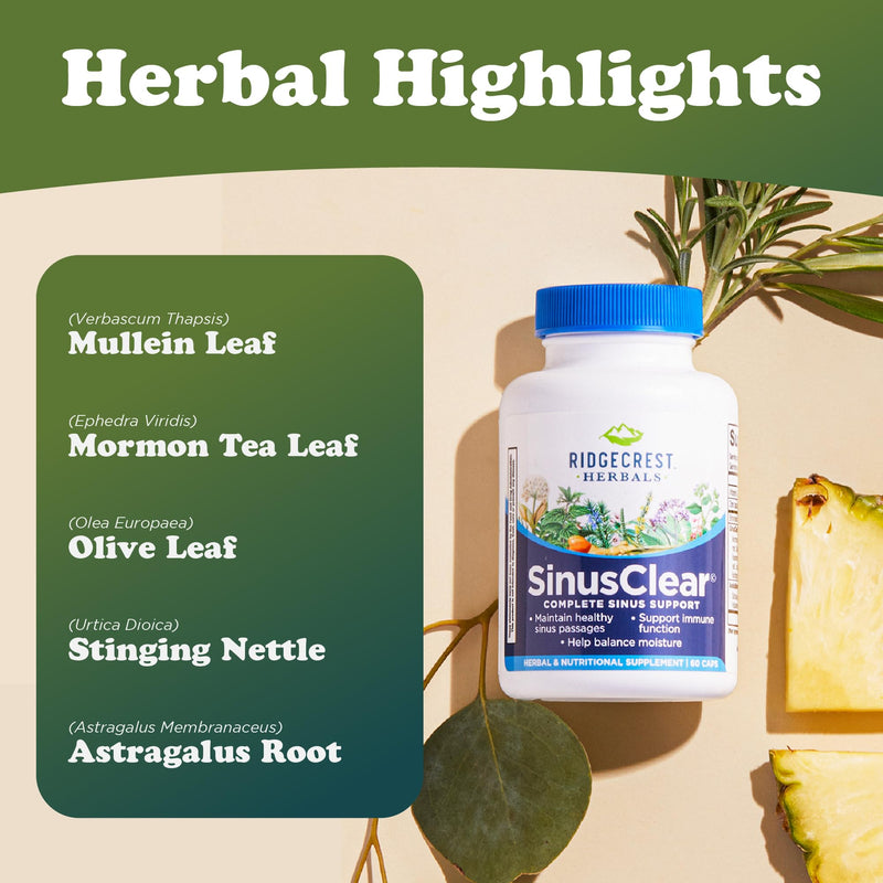 RidgeCrest Herbals SinusClear Mullein Sinus, Nasal and Immune Support 60 Ct | 30 Servings, Mullein Leaf, Bromelain, Vitamin C, Zinc, Natural Mucus and Respiratory Wellness, Vegan Herbal Formula
