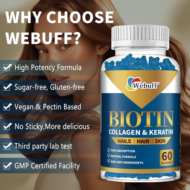 Biotin Gummies 5000mcg for Hair Growth Support - Sugar Free Multi Collagen with Keratin,Pectin Based, Hair Skin and Nails Vitamins Gummies - 60 Count 1 Count (Pack of 60)