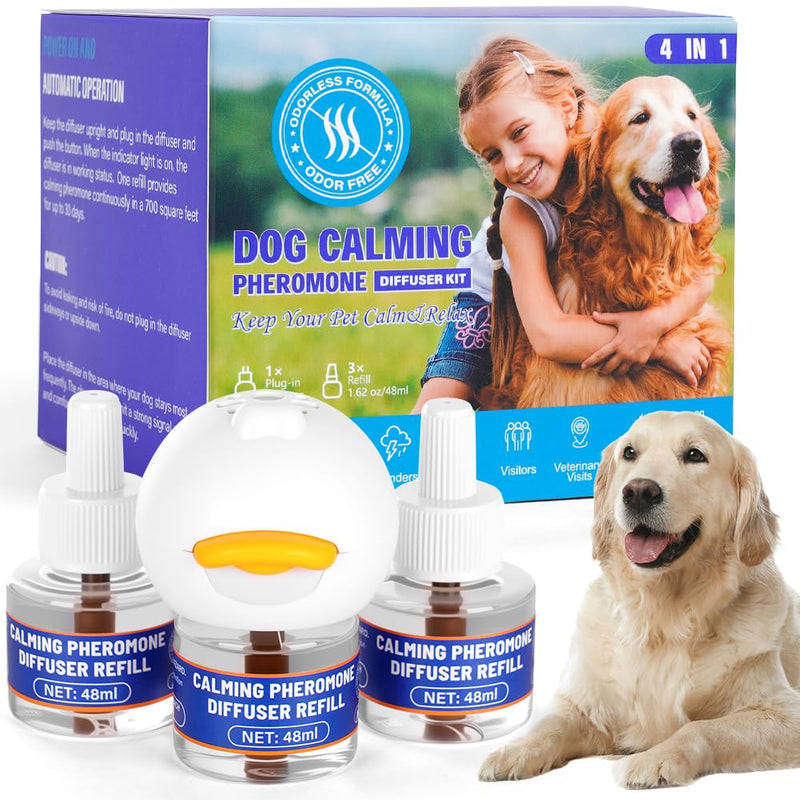 OSDUE Dog Calming Plug In, 4-in-1 Dog Calming Plug In Pheromone Diffuser with 1 Diffuser + 3 Refills, Helps Relaxation, Anxiety Relief & Stress Relief, 90 Day 1 Diffuser + 3 Refill