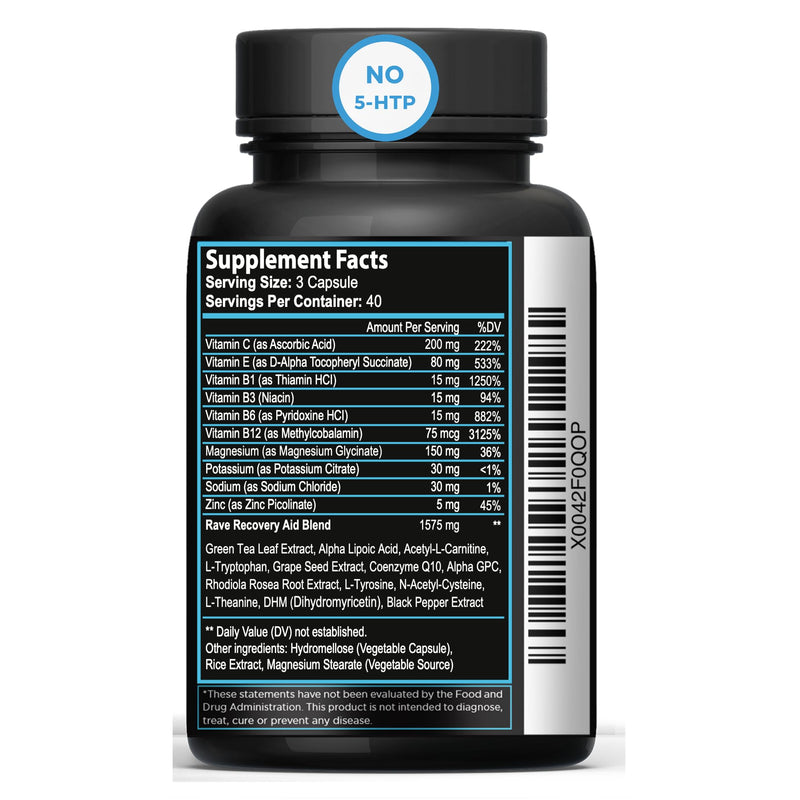 Rave Recovery Aid Vitamins After Party Relief Pills Music Festival Accessories Rave Essential No 5-HTP Supplement Electrolytes Hydration Better Mornings Serotonin Energy Hangover 120 Capsules