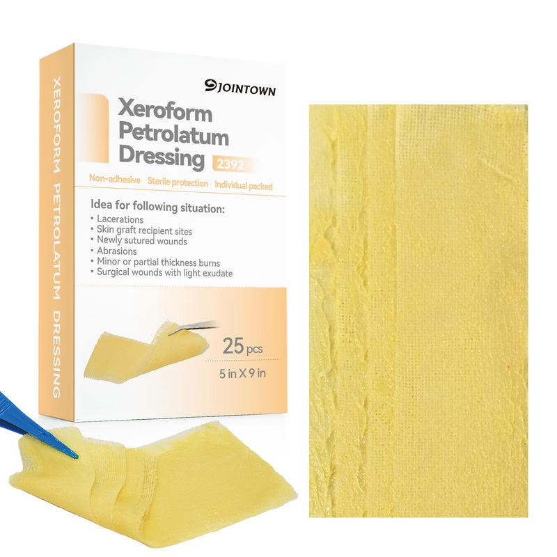 Jointown Xeroform Petrolatum Dressing Bandages, Soft Mesh Gauze Patch for Wound Care, Burns, Lacerations, Skin Grafts & Surgical Incisions, 5"x9", 25 Individual Pack 5"×9"