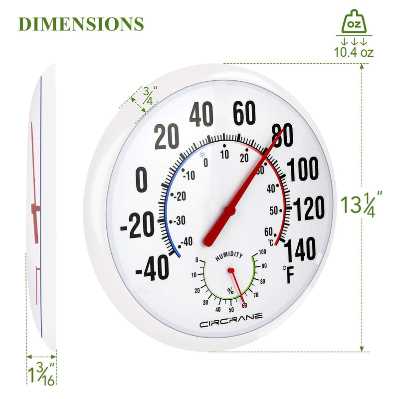 Circrane 13.25 Inch Round Thermometer with Hygrometer, Large Indoor Wall Patio Bimetal Weather Thermometer, No Battery Required, White - BeesActive Australia