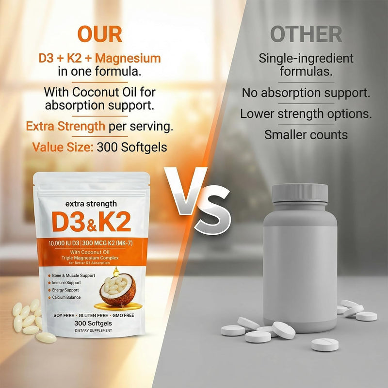 Vitamin D3 K2 Magnesium Complex, Extra Strength D3 & K2 with Triple Magnesium Softgels, D3 K2 Vitamin 10000 IU Softgels(1) 1