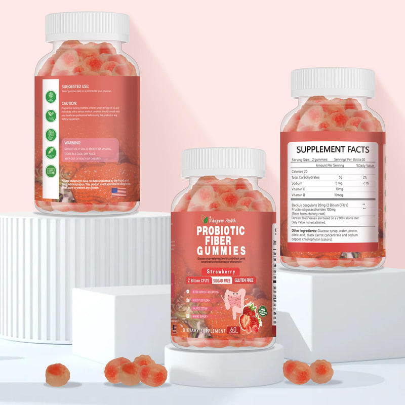 Probiotic Fiber Gummies for Adults, No Sugar Added Strawberry Flavor– 120 Billion CFUs –Vitamin C,Vitamin D–Digestive Health & Regularity Support(60 Count) 1 Count (Pack of 60)