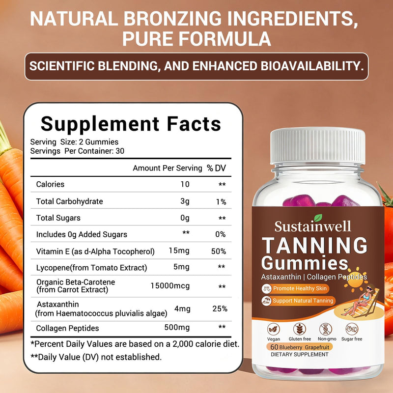 Tanning Gummies with Astaxanthin & Collagen for Women and Men Natural Sun-Kissed Tanning Supplement with Beta Carotene, Lycopene & Vitamins Skin Radiance & Hydration Vegan & Sugar Free 60 Count