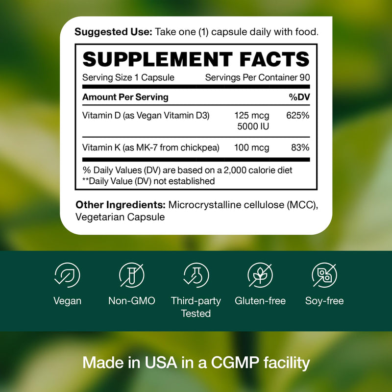 Fresh Nutrition Vegan Vitamin D3 + K2 Capsules - 5000 IU D3 + 100mcg K2 as MK-7 for Optimal Absorption - Immune Health, Bone Health, Mood - Non GMO - 90 Capsules, 3 Month Supply 90 Count (Pack of 1)