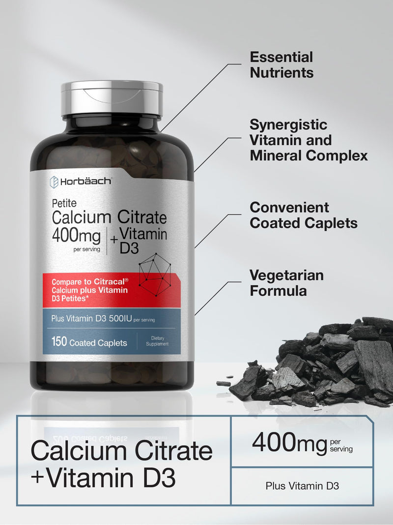 Horbaach Calcium Citrate 400mg with Vitamin D3 | 150 Petite Coated Caplets | For Men and Women | Vegetarian, Non-GMO & Gluten Free Supplement