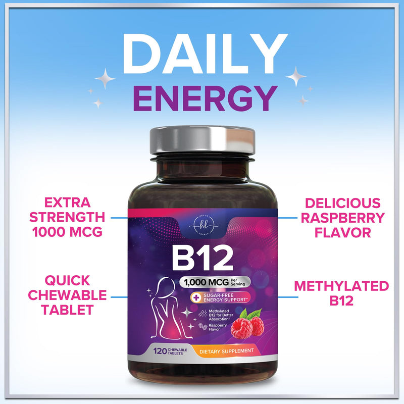 Vitamin B12 1000 mcg per Serving Chewables - B12 Complex with Heart & Nerve Energy Health Support - Vitamin B-12 Complex with Immune Health Support - Fast Dissolve, Bottled in USA - 120 Chewables 120 Count (Pack of 1)