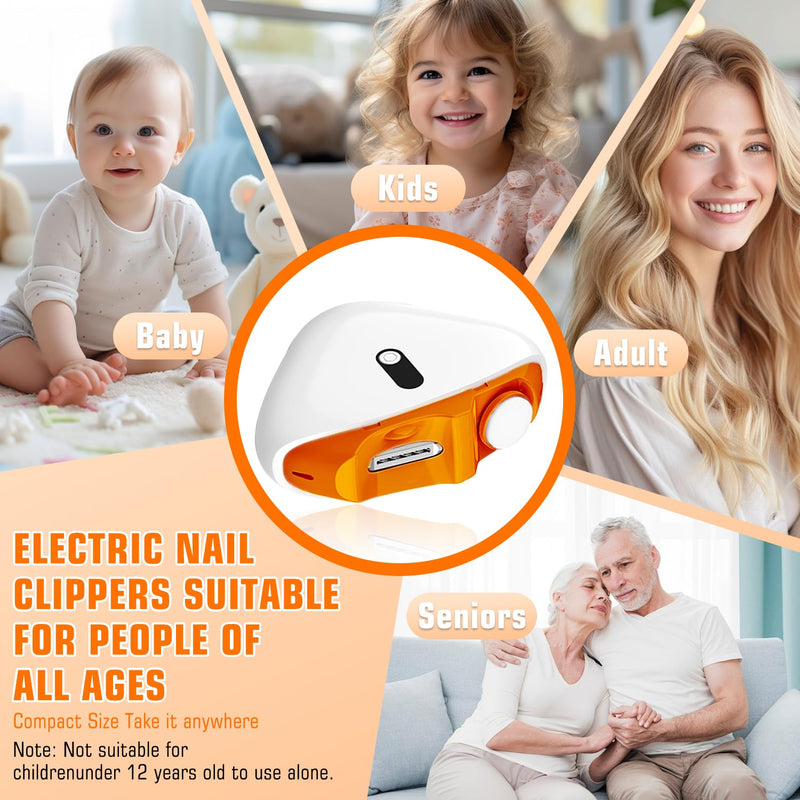 Electric Nail Clipper, Upgraded 2 in 1 Nail File Trimmer with Polishing, 3 Speeds Baby Nail Clipper Electric with LED Light and Nail Clip Storage (White-Orange) White-Orange