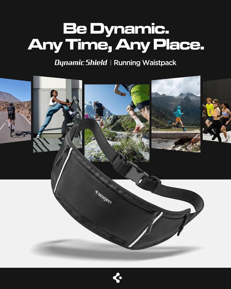 Spigen Life A710 Dynamic Shield Slim Running Adjustable Waist Belt Fanny Pack for Men & Women, Phone Holder, Lightweight, Water Resistant, Reflective, Bounce-free for Running, Jogging, Sports - Black