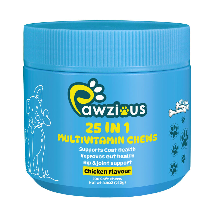 25 In 1 Dog Multivitamin with Glucosamine Chondroitin, Minerals with Omega 3 Fish Oil and Zinc Dog Vitamins and Supplements for Heart, Digestion, Skin & Coat Care, Chicken Flavored 100 Chews