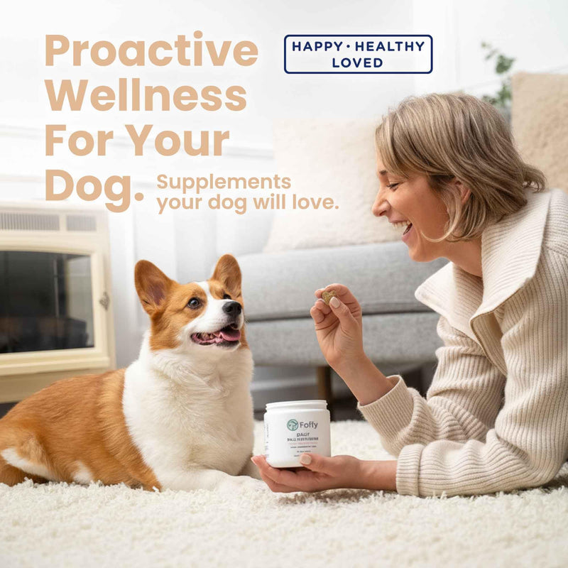 Foffy Daily Hip & Joint Multivitamin Soft Chew for Dogs with Superfoods, Probiotics, Plant-Based Omegas, kollaGen II-xs - Calms Skin, Reduces Inflammation, Improves Mobility & Promotes Longevity