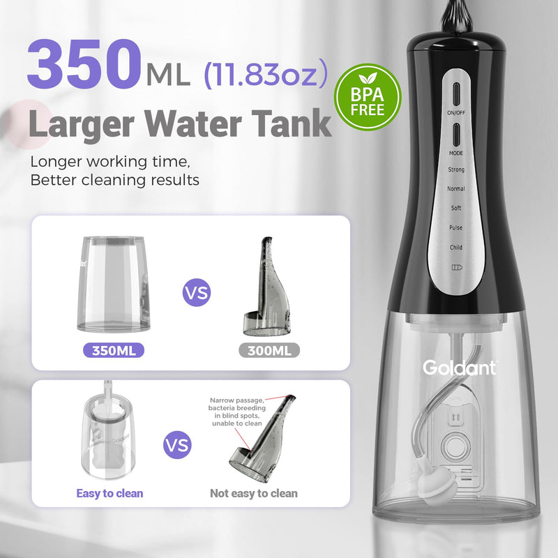 2026 New 350ML Water Dental Flosser Teeth Pick with Bag, 5 Modes Portable Cordless Oral Irrigator Cleaner, Electric Rechargeable IPX7 Waterproof for Home Travel Teeth Cleaning Flossing (Black) Black