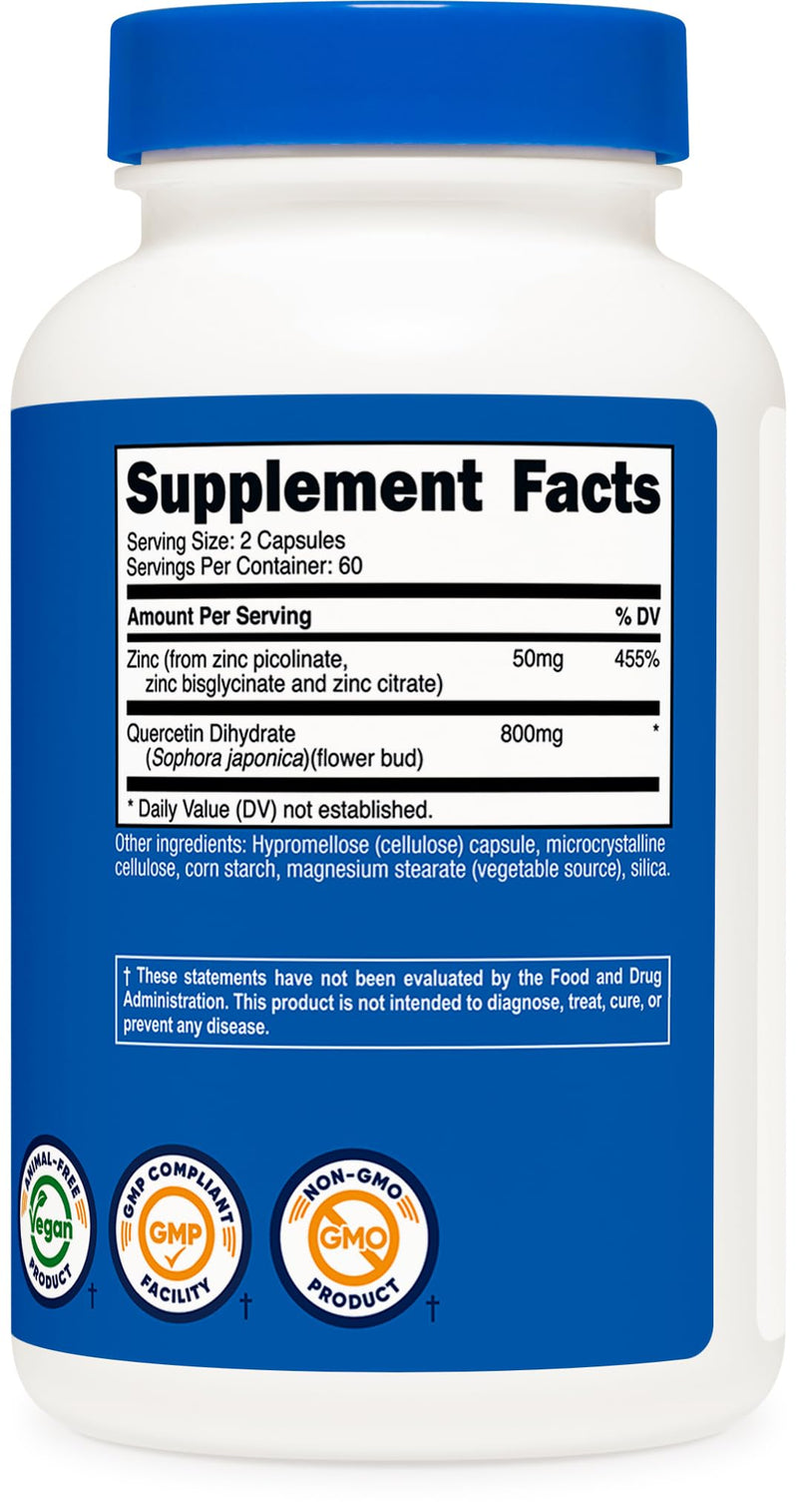 Nutricost Zinc + Quercetin (50mg Zinc, 800mg Quercetin) 120 Capsules | Vegan, GMO-Free, Gluten-Free, 60 Servings