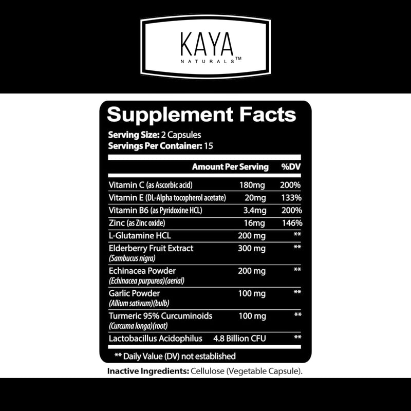 Kaya Naturals Elderberry Immune Support | Vitamins with Zinc and Vitamin C for Adults, Probiotics & Turmeric 1000mg Immune System Booster Sambucus Capsules - 30 Count (Pack of 2) 30 Count (Pack of 2)
