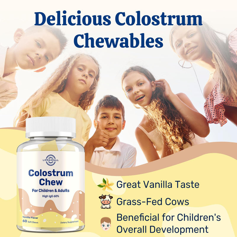 Bovine Colostrum Chews Supplement with 60% IgG for Humans Women Men Kids- for Immune, Gut, Bone, Joint, Cognitive, Overall Growth, from Grass-Fed Cows & Vanilla Flavor, 60 Soft Chews 60 Count (Pack of 1)