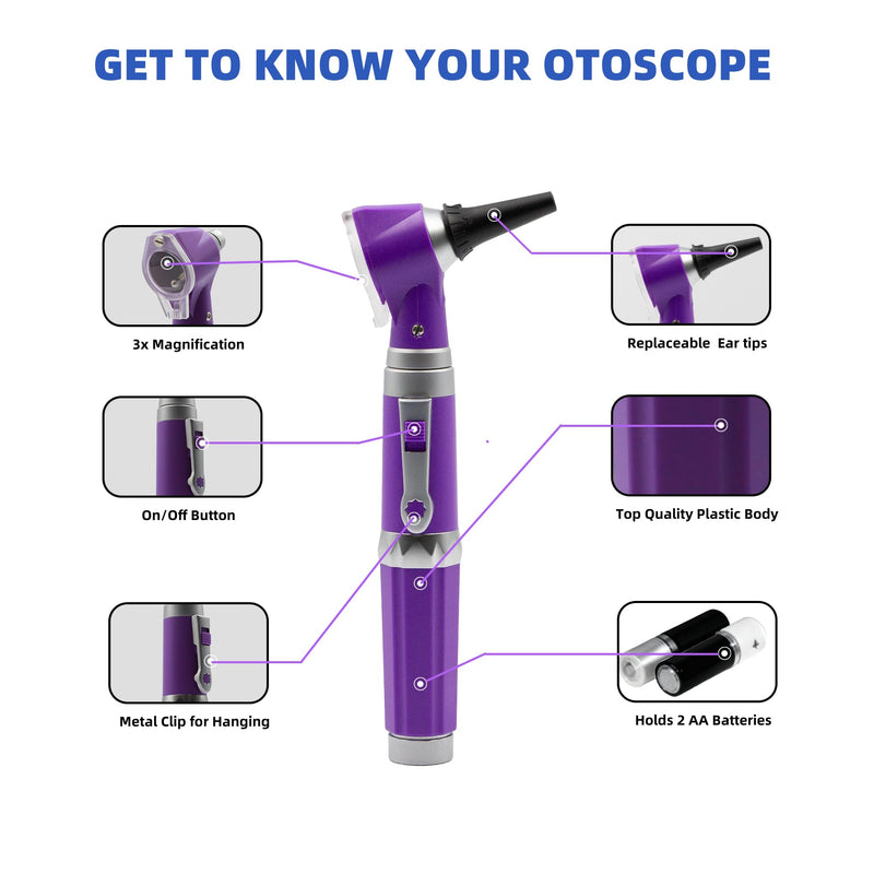 Otoscope Ear Infection Detector – 3X Magnification LED Ear Scope with Light, 10 Disposable Specula, Portable Ear Exam Kit for Adults, Kids & Pets (Purple) PURPLE - BeesActive Australia