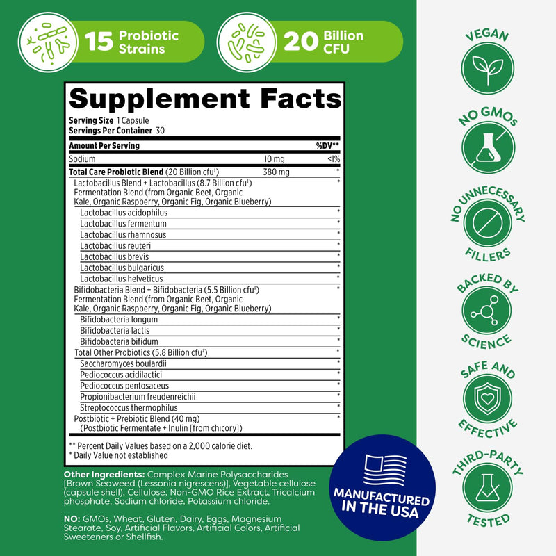Probulin Total Care Probiotic Supplement, Daily Gut, Digestive, and Immune Health Probiotics Capsules for Men and Women, 20 Billion CFU, Vegan, 30 Count Box 30 Count (Pack of 1)