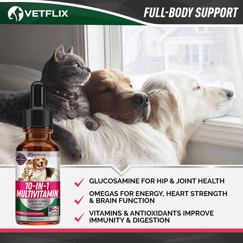 Immune & Digestive Support Bundle for Dogs, Cats, Puppies, and Kittens - 10 in 1 Pet Vitamins + Premium Probiotics - Made in USA - Supports Joint, Heart, Skin, Digestive, and Immune Health - 2 Fl Oz e