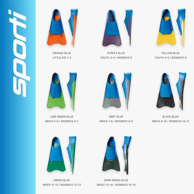 Sporti Adult-Kid Short Swim Fins for Pool Lap Swimming, Floating Fins for Swimming & Snorkeling, Swim Flippers for Training Men's 5-6 / Women's 6-7 Lime GreenBlue