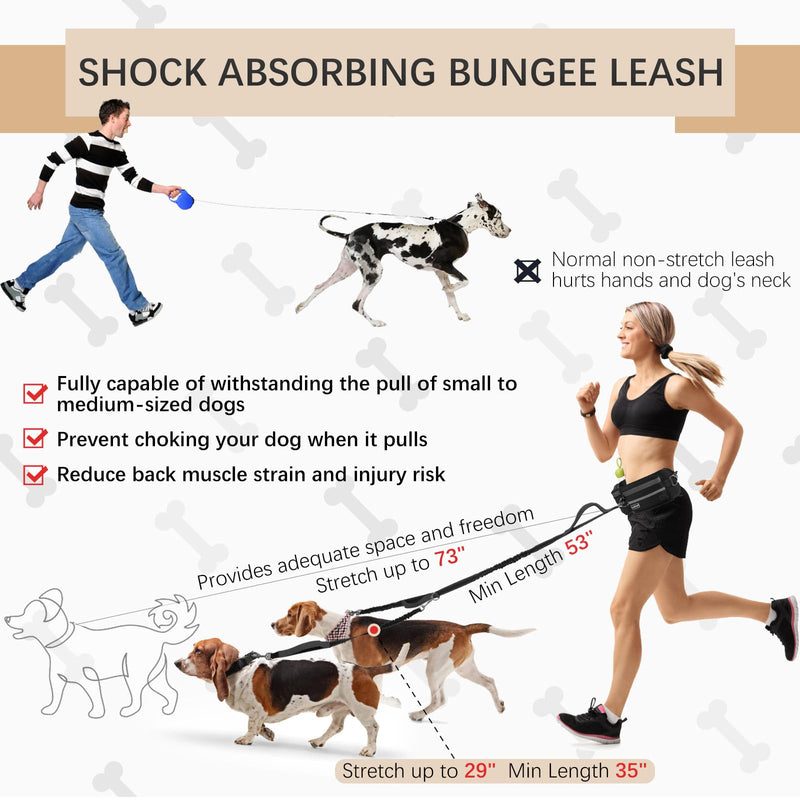 Hands-Free Dog Leash with Pouch, Waist Leash for Dog Walking with Two Dogs, Reflective Stitching, Dual Handle, Bungee Retractable Running Leash for Medium to Large Dogs Black - BeesActive Australia