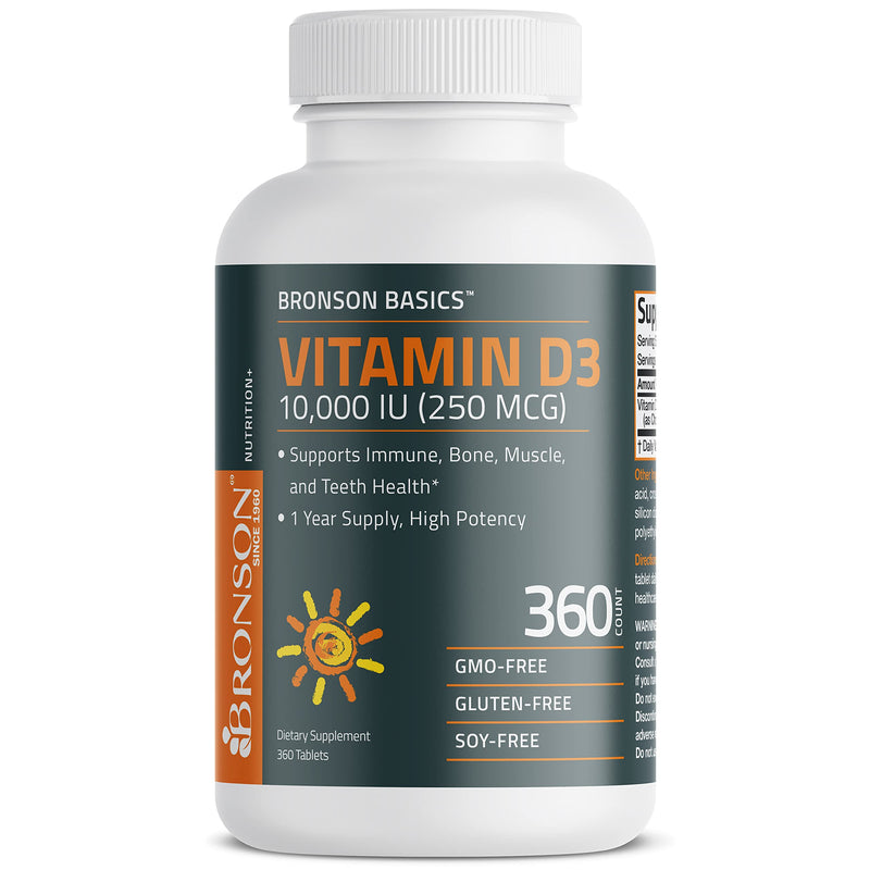 Bronson Vitamin D3 10,000 IU (250 MCG) 1 Year Supply for Healthy Muscle Function and Immune Support, Non-GMO, 360 Tablets Unflavored 360 Count (Pack of 1) - BeesActive Australia