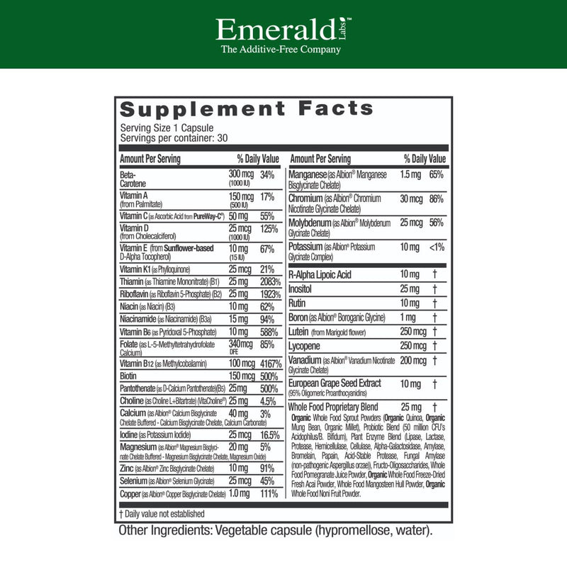 EMERALD LABS Complete 1-Daily Multi, 30 Capsules | Bioavailable Multivitamin, Made with Methylfolate, VitaCholine, Vitamin C & More, Iron-Free & Non-GMO 30 Count (Pack of 1)
