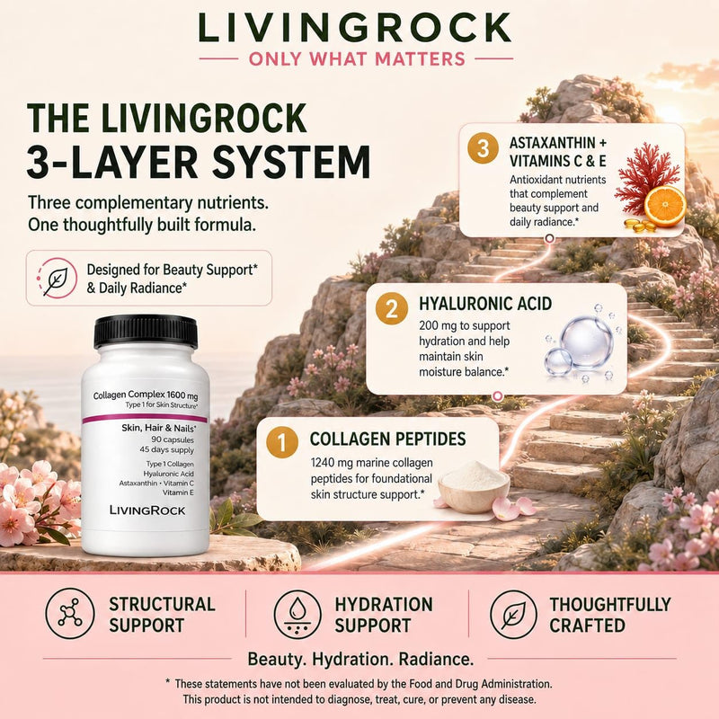 LivingRock Marine Beauty Collagen Complex for Skin, Hair & Nails with Type 1 Marine Collagen, Hyaluronic Acid, Astaxanthin, Vitamins C & E, 90 Capsules, 45-Day Supply