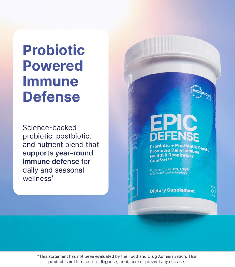 Microbiome Labs EpicDefense Probiotic + Postbiotic Combo - Immunobiotic Formula with LGG, BB-12 & Epicor - Daily Immune System Support - Respiratory Comfort - Gut Health Support (30 Capsules)