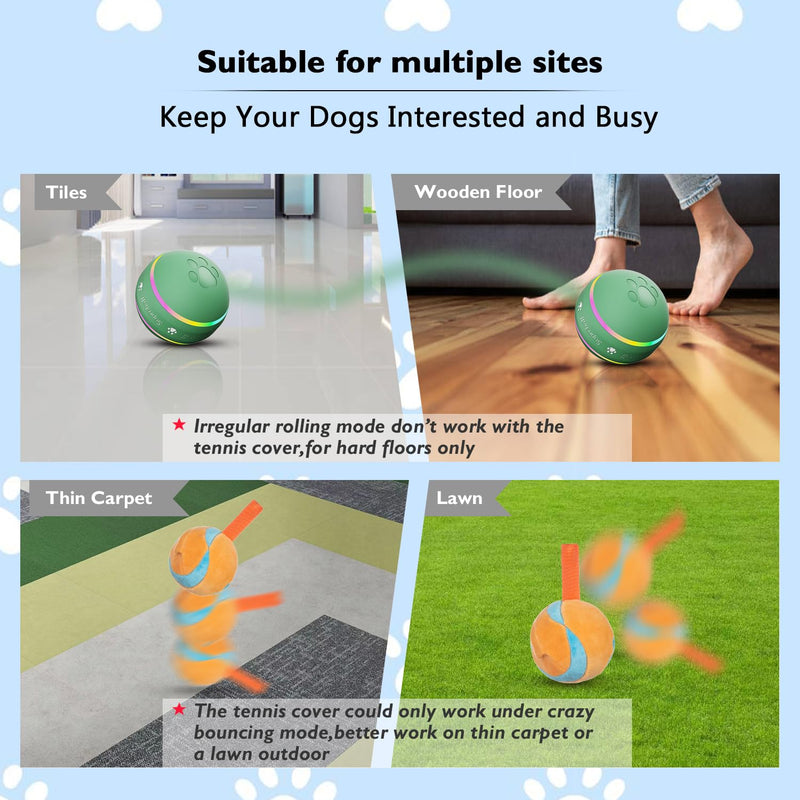 Dog Balls,The 3rd Generation Interactive Toys for Puppy/Small/Medium/Large Dogs,Improved Dog Rolling Effect Tennis Ball with Strap, Tough Motion Activated Automatic Moving Dog Toys (Green) Green