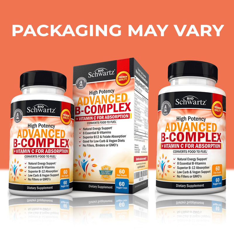 Vitamin B Complex with Vitamin C for Maximum Absorption, 60 Capsules | Methylcobalamin b12 & Folate Folic Acid Supplement - B1 B2 B3 B5 B6 B7 B9 for Energy, Immune & Nervous System Support 60 Count (Pack of 1)