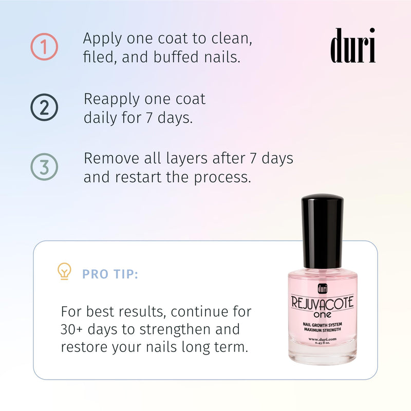 Duri Rejuvacote 1 Nail Growth System - Maximum Strength Nail Strengthener for Damaged Nails from Gel, Acrylic Manicure | Grow Long Natural Fingernails Fast - Rejuvacare Nail Hardener - 0.45 fl. oz. 0.45 Fl Oz (Pack of 1)