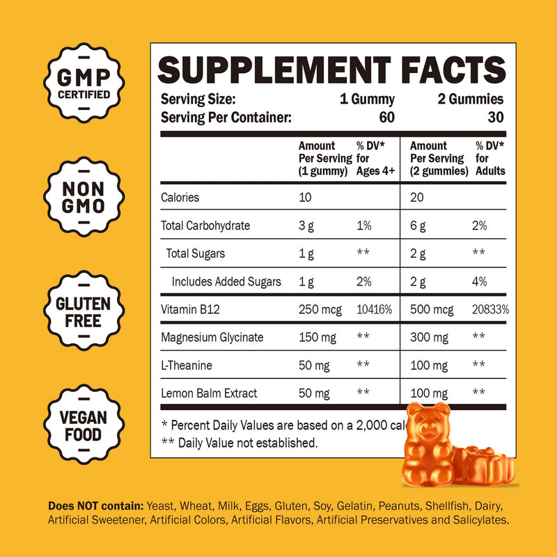 Magnesium Glycinate Gummies for Kids & Adults, 60 Count | Magnesium Glycinate 300mg per Serving, Supplement with L-Theanine, Lemon Balm & Vitamin B12 1