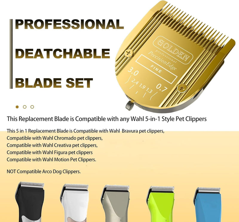 Adjustable 5 in 1 Blades Dog Grooming Blades Compatible with Wahl Animal Clipper Arco, Bravura, Chromado, Creativa, Figura, and Motion Pet, Dog, and Horse Gold/3pcs - BeesActive Australia