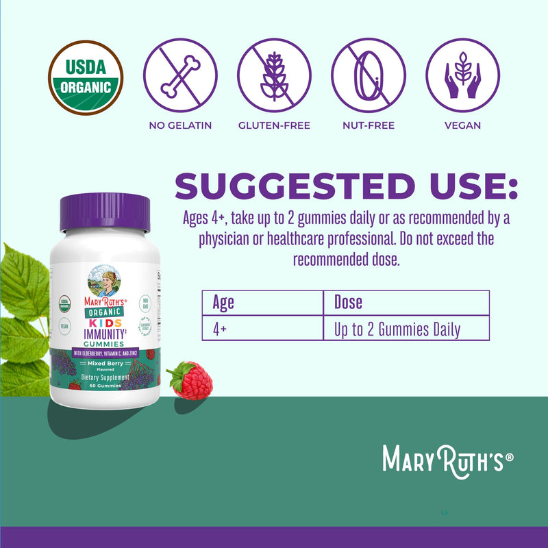 MARYRUTH'S Organic Kids Immune Support Gummies with Elderberry, 60 Count | USDA Organic, Vitamin C, Zinc, and Elderberry, Ages 4+, Vegan, Non-GMO, Gluten Free, 60 Count