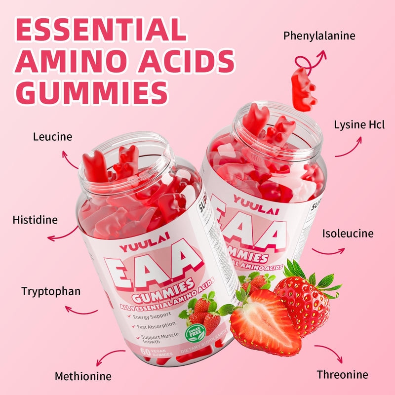 Pack of 2 EAA Gummies Essential Amino Acids - All 9 Essential Aminos (EAA) and All Branched-Chain Aminos (BCAAs) for Muscle Recovery, Energy Support, Strawberry Flavor, 120 Count 120 Count (Pack of 1)
