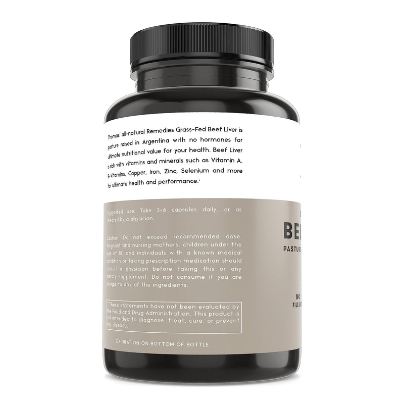 Toms Remedies Grassfed Beef Liver Supplement, 3000mg - Iron & Energy | Liver Supplement, Pasture Raised in Argentina, Natural Source of Iron, Vitamins A & B - Non-GMO & Hormone Free (180 Caps)