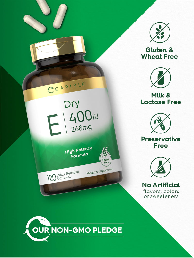 Carlyle Dry Vitamin E 400 IU | 120 Capsules | D-Alpha Tocopheryl | High Potency Formula | Non-GMO & Gluten Free Supplement